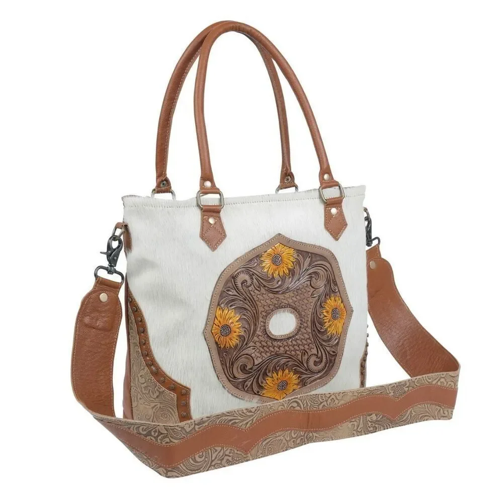 Myra Bag Handmade Burnished Hand Tooled Bag Upcycled Canvas & Cowhide Leather